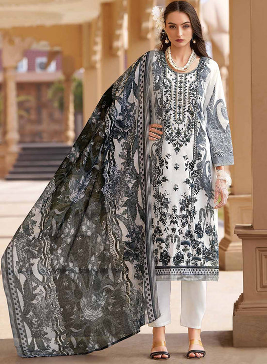 Pakistani Print White Unstitched Pure Cotton Salwar Suit Material with Embroidery