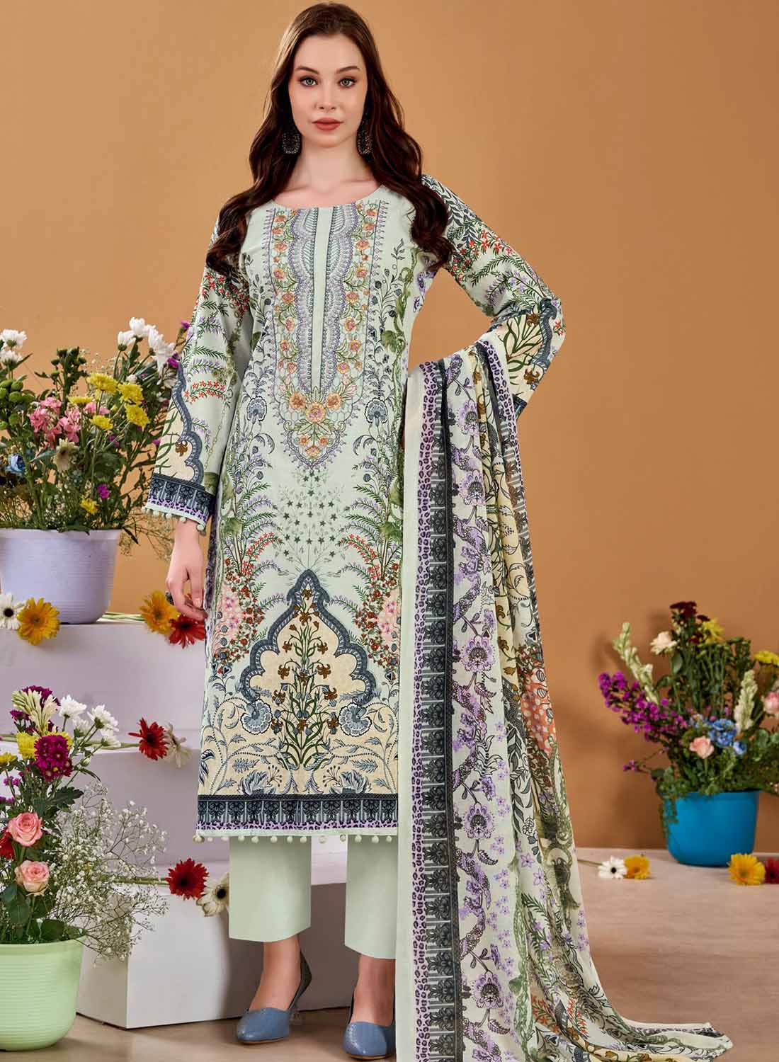 Pakistani Print Pure Cotton Unstitched Suit Set Material with Embroidery