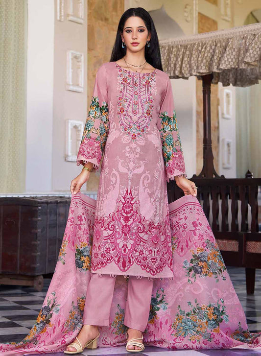 Pakistani Print Pink Unstitched Pure Cotton Suit Set Material with Embroidery
