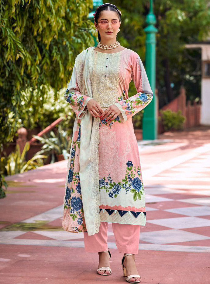 Cotton Pakistani Suit Pink Unstitched Material with Embroidery Patch