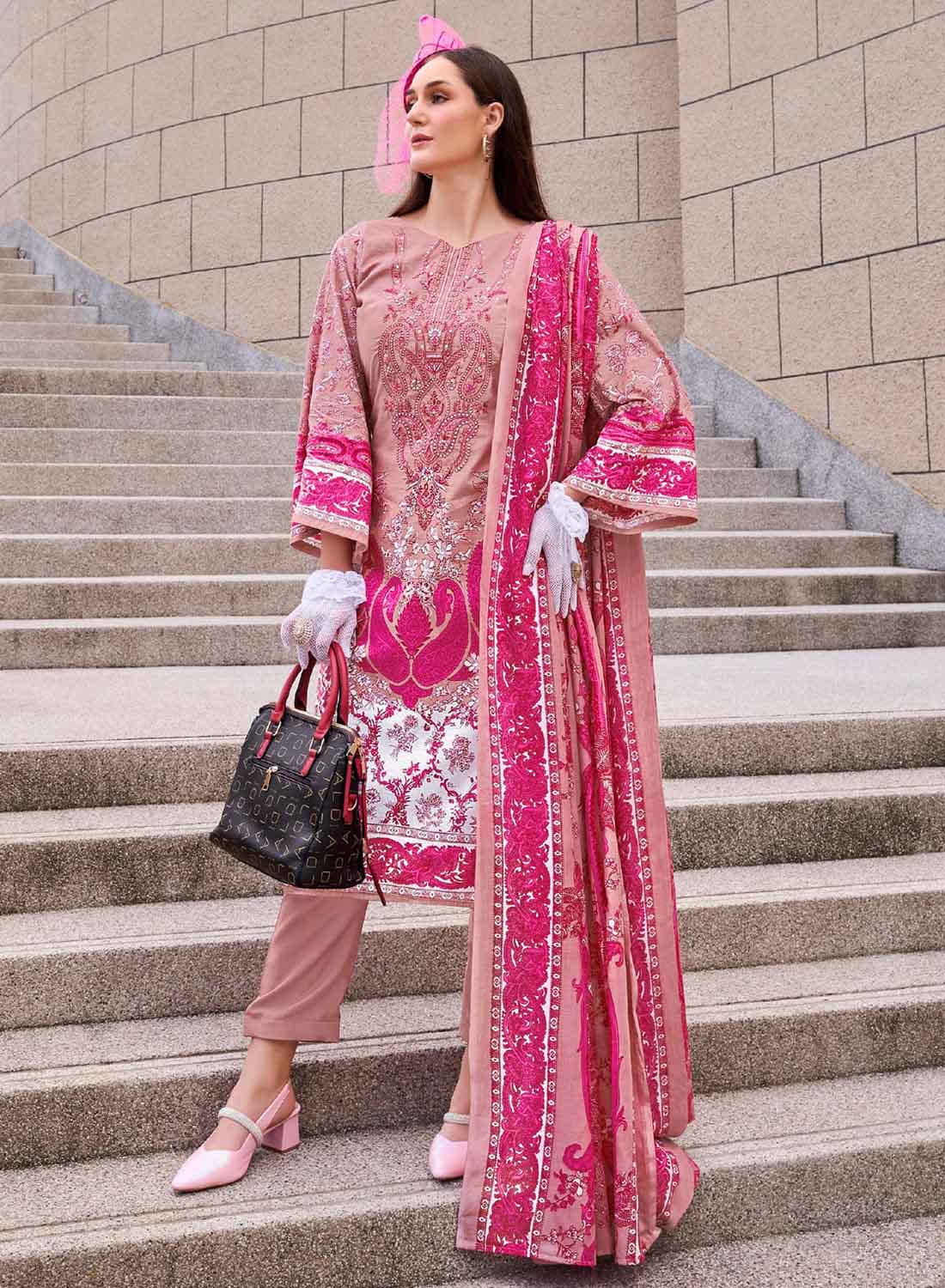 Pakistani Print Unstitched Pure Cotton Suit Material with Embroidery