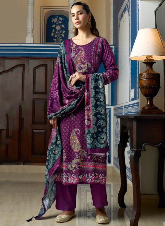 Violet Winter Pashmina Unstitched Salwar Suit Set Material for Women