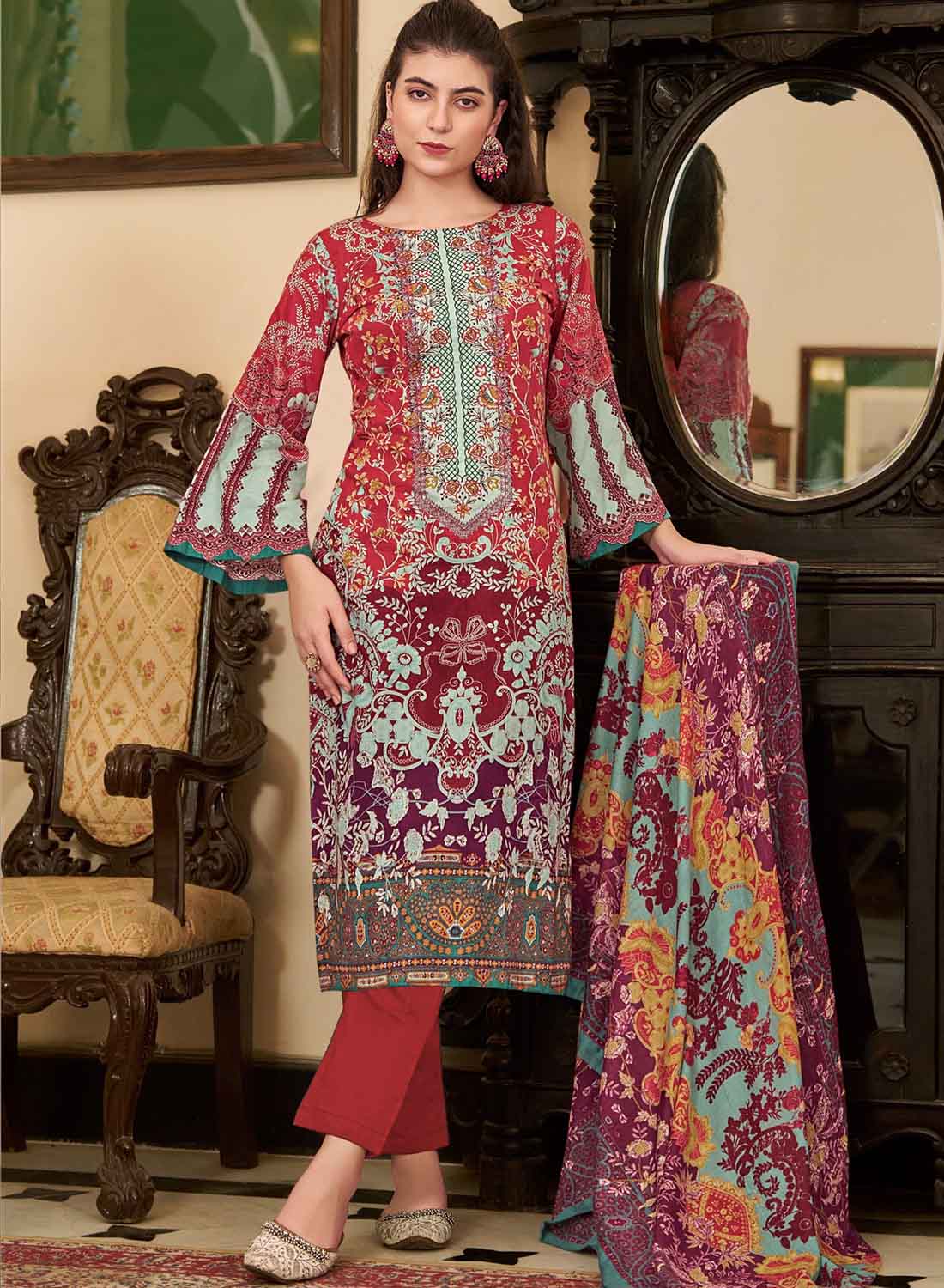 Women's Red Pakistani Print Unstitched Cotton Suit Dress Material