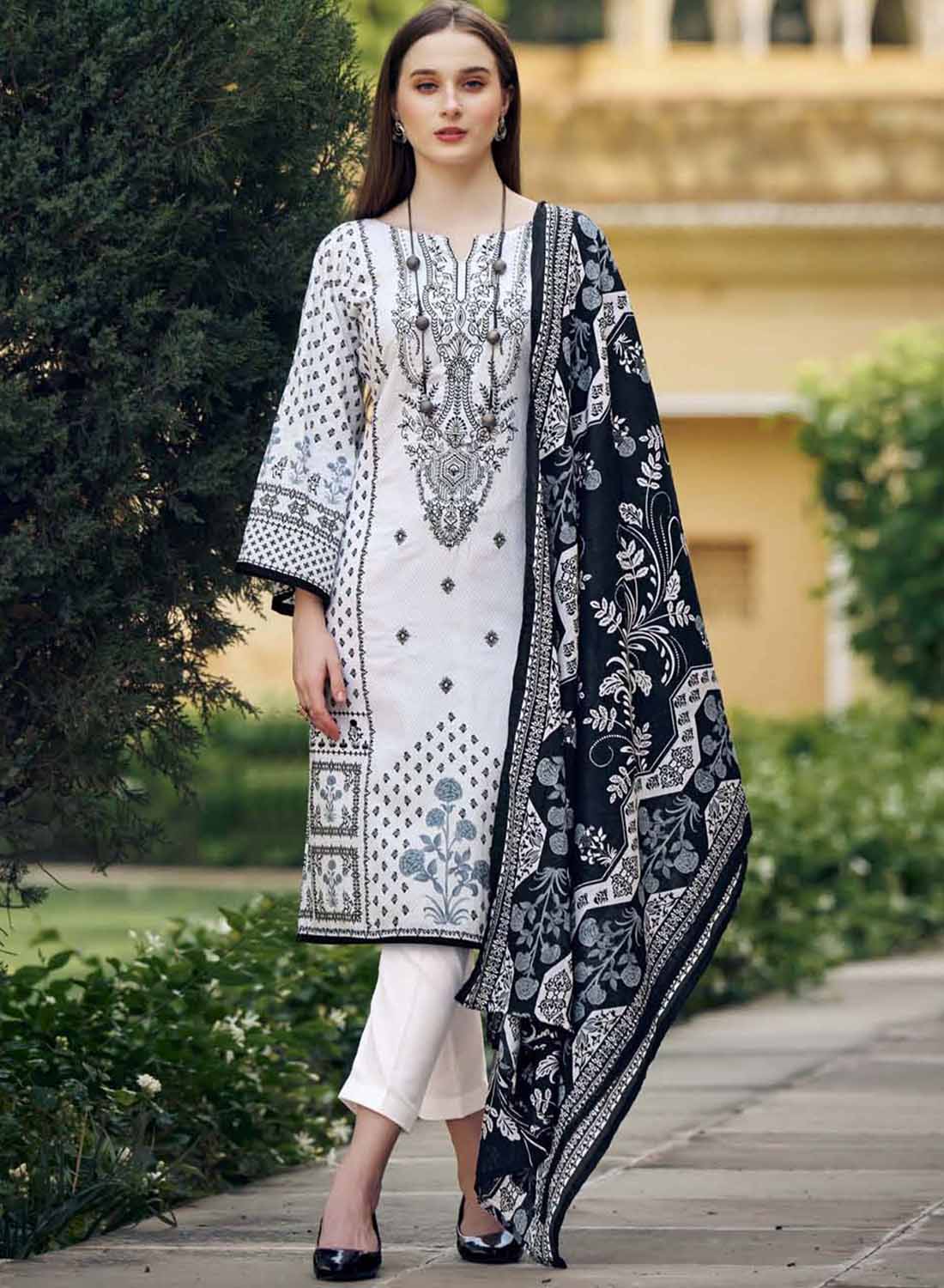 Pakistani Print White Unstitched Pure Cotton Suit with Embroidery