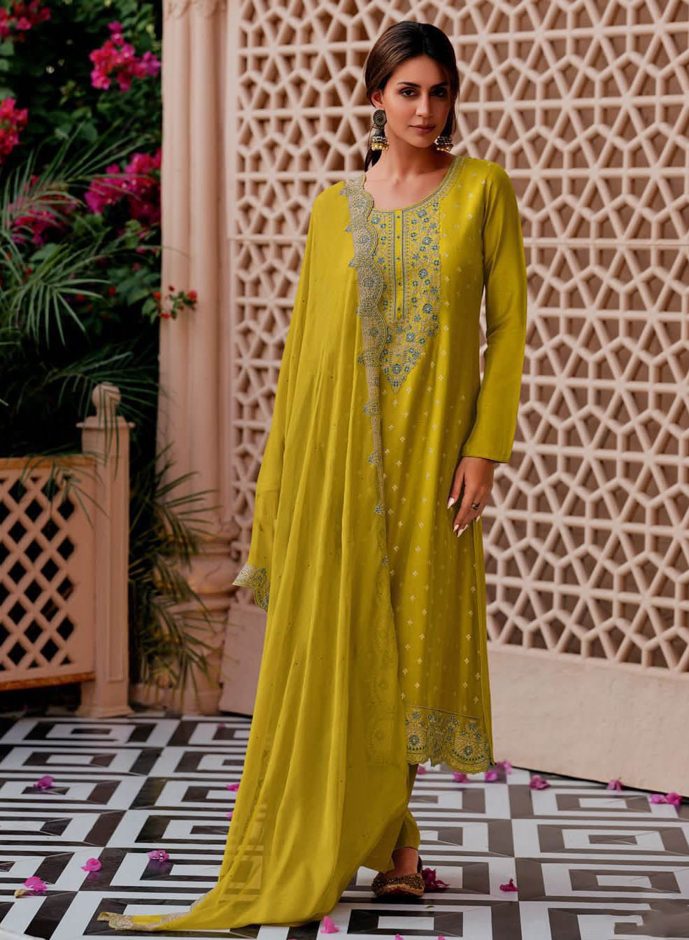 Party Wear Silk Woven Unstitched Suit Material with Heavy Embroidery