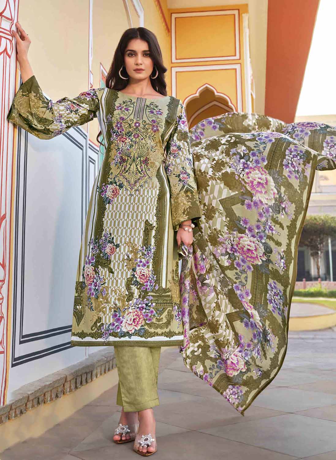 Belliza Pakistani Print Green Unstitched Women Cotton Suit Material