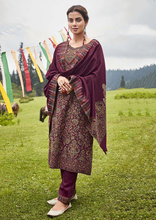 Women's Pashmina Red Printed Jacquard Winter Suit Dress Material