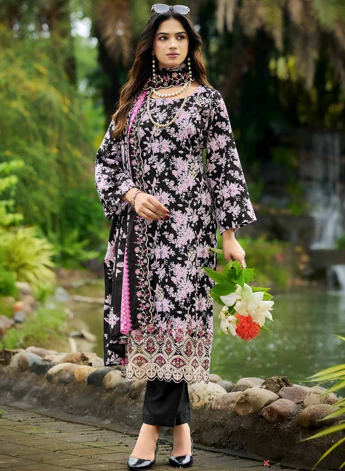 Pakistani Cotton Suit Dress Material for Women Unstitched with Embroidery Black