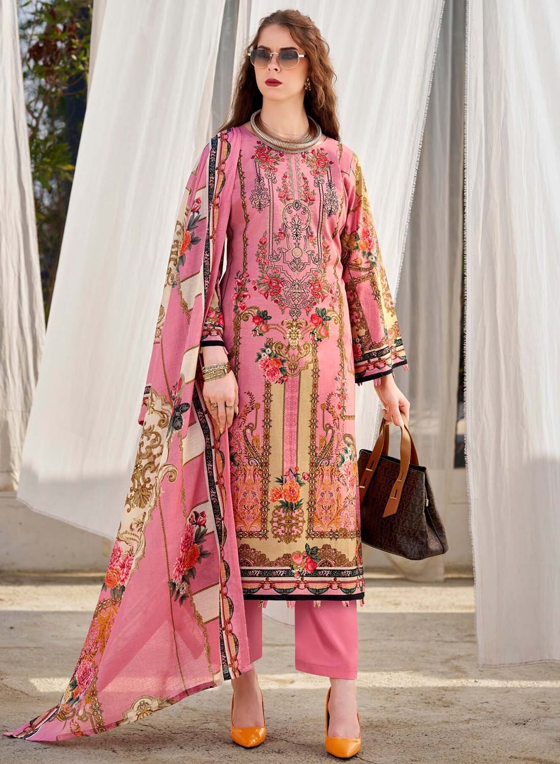 Pakistani Print Pure Cotton Pink Unstitched Suit Material with Embroidery