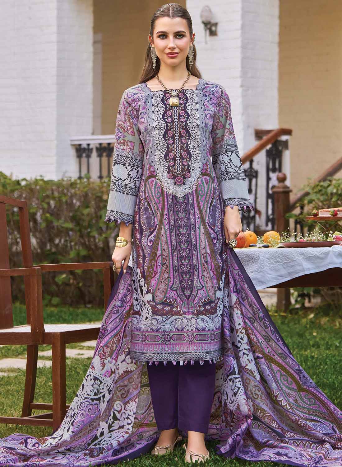 Pakistani Print Unstitched Pure Cotton Salwar Suit Material with Embroidery