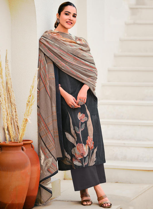 Unstitched Black Pure Cotton Salwar Suit Dress Material with Dupatta