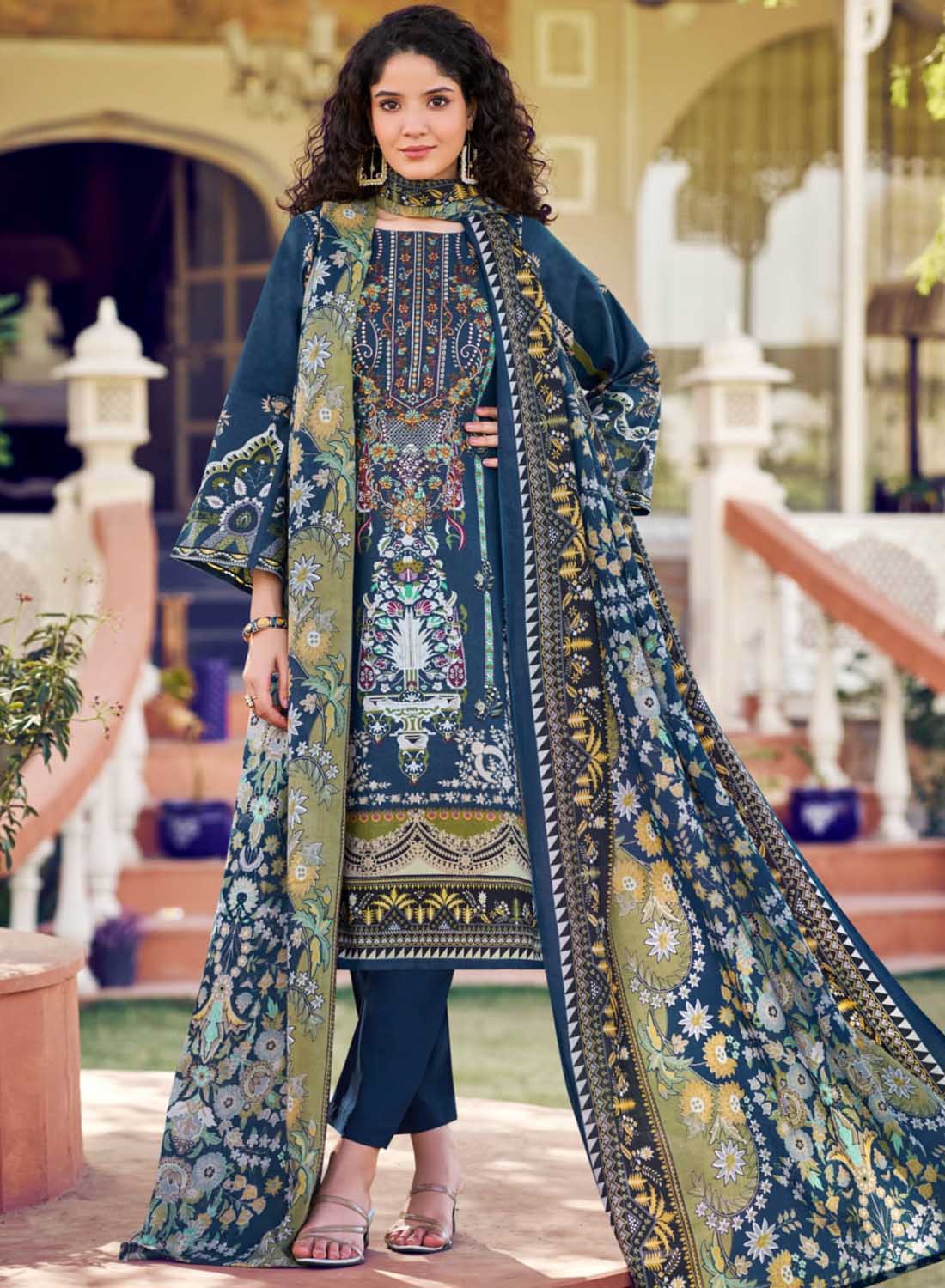 Blue Pakistani Print Unstitched Pure Cotton Salwar Suit Material