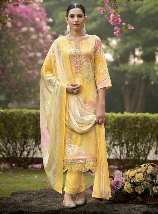 Pure Cambric Cotton Yellow Unstitched Suit Dress Material for Women