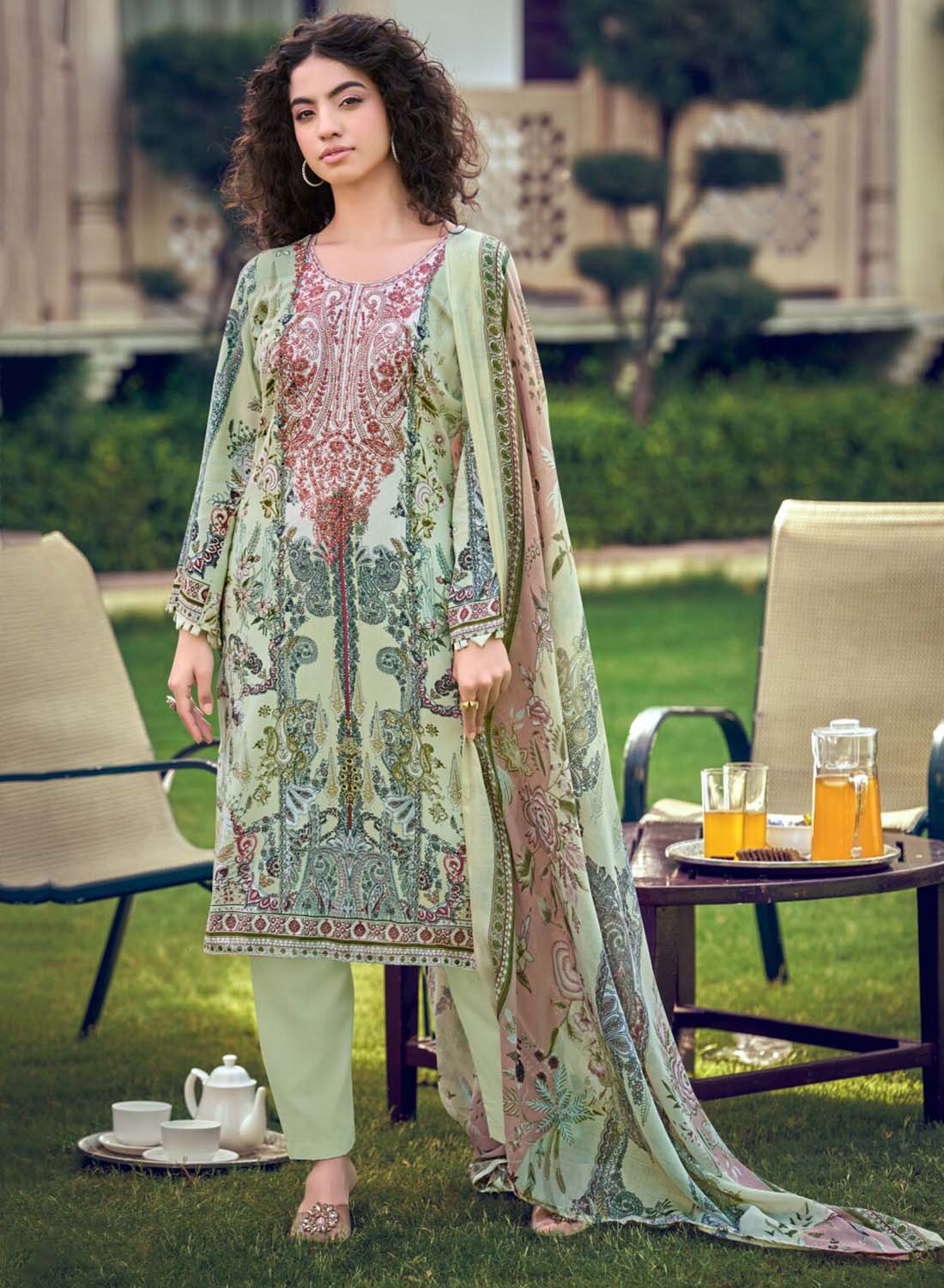 Pakistani Print Pure Cotton Green Unstitched Suit Material with Embroidery