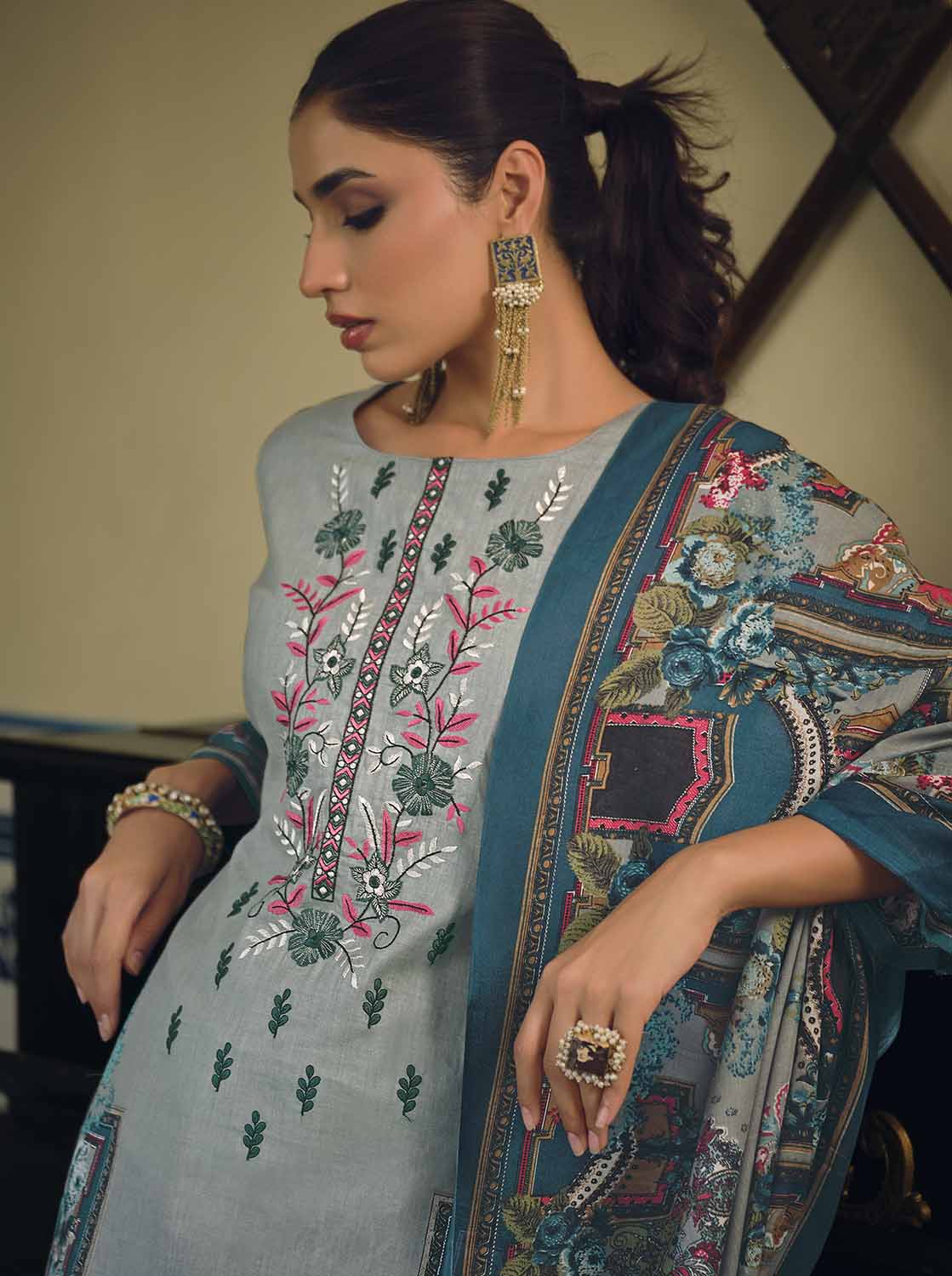 Belliza Pakistani Print Unstitched Cotton Suits with Dupatta Sky Blue Belliza