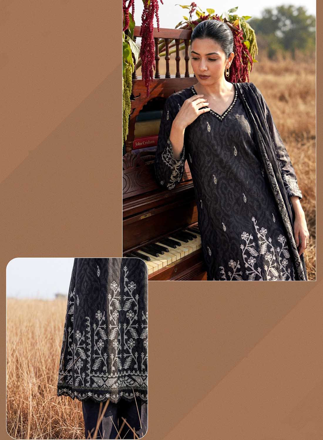 Pure Lawn Cotton Black Unstitched Suit Dress Material for Women