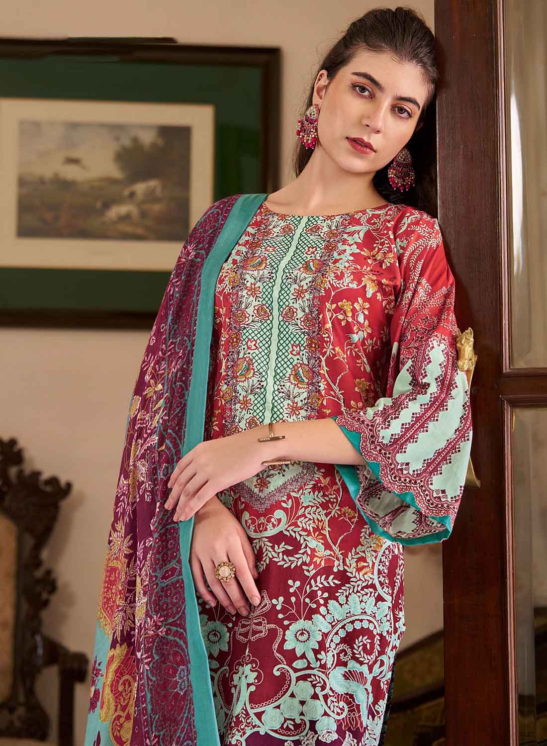 Women's Red Pakistani Print Unstitched Cotton Suit Dress Material