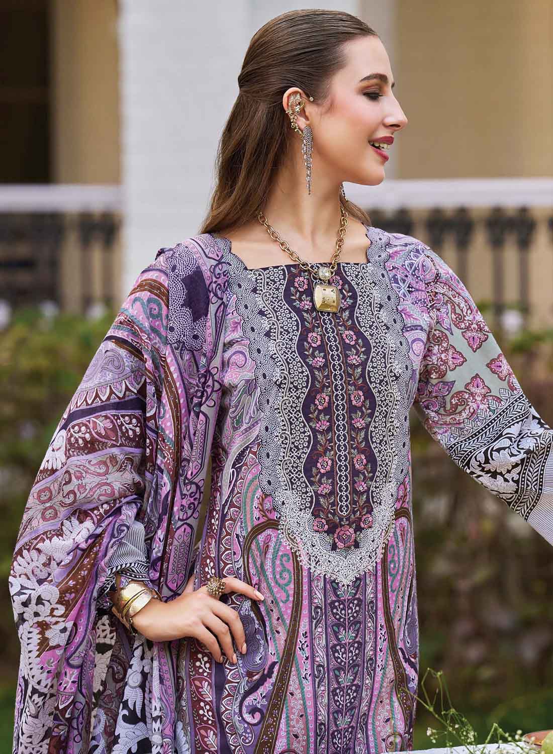 Pakistani Print Unstitched Pure Cotton Salwar Suit Material with Embroidery