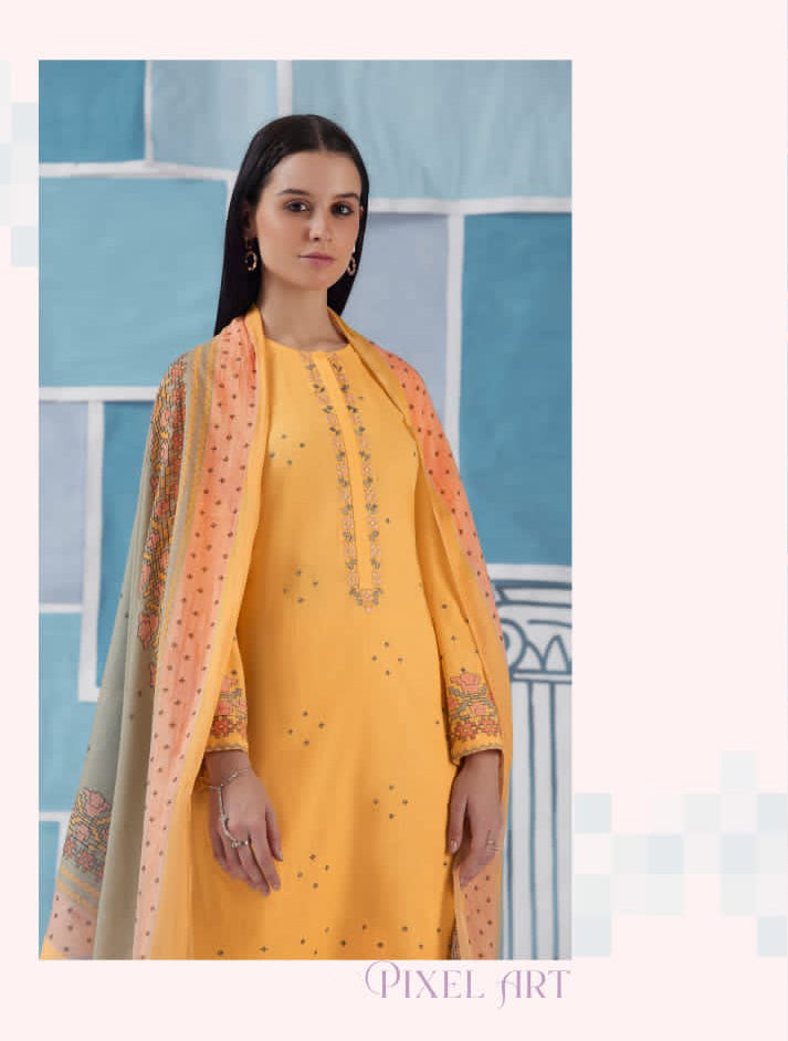 Unstitched Yellow Cotton Suit for Women with Embroidery S Nirukth