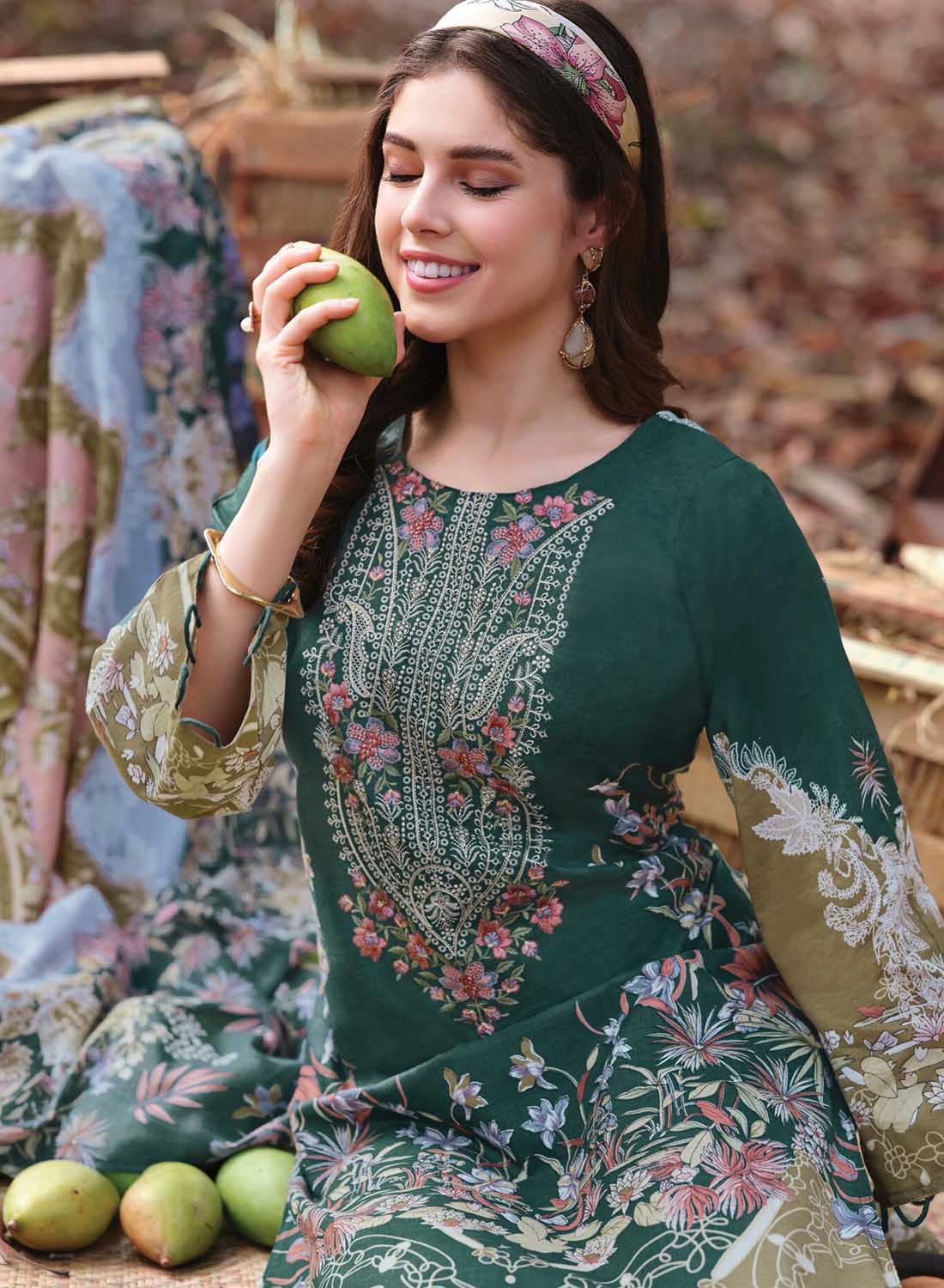 Pakistani Print Unstitched Pure Cotton Salwar Suit Material with Embroidery