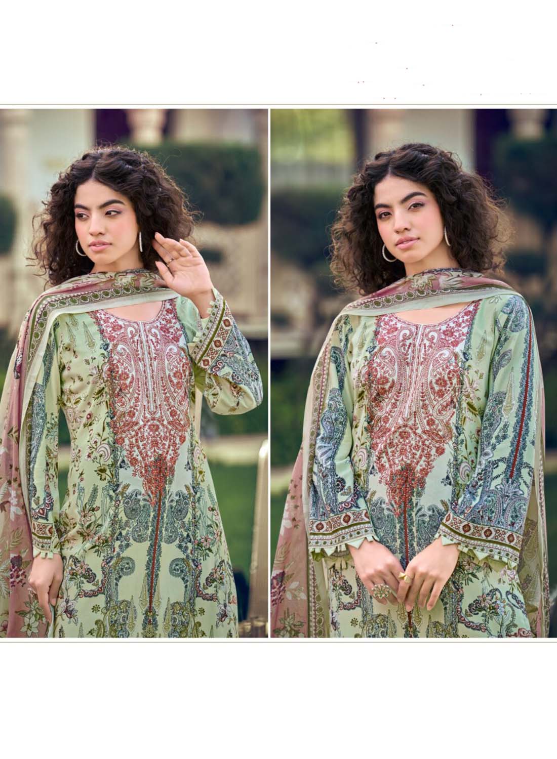 Pakistani Print Pure Cotton Green Unstitched Suit Material with Embroidery