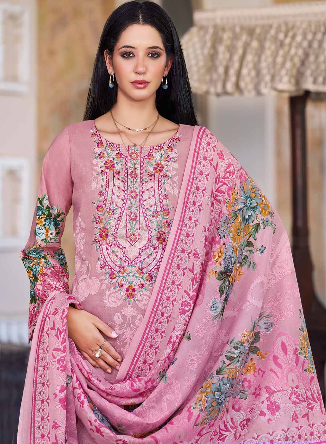Pakistani Print Pink Unstitched Pure Cotton Suit Set Material with Embroidery
