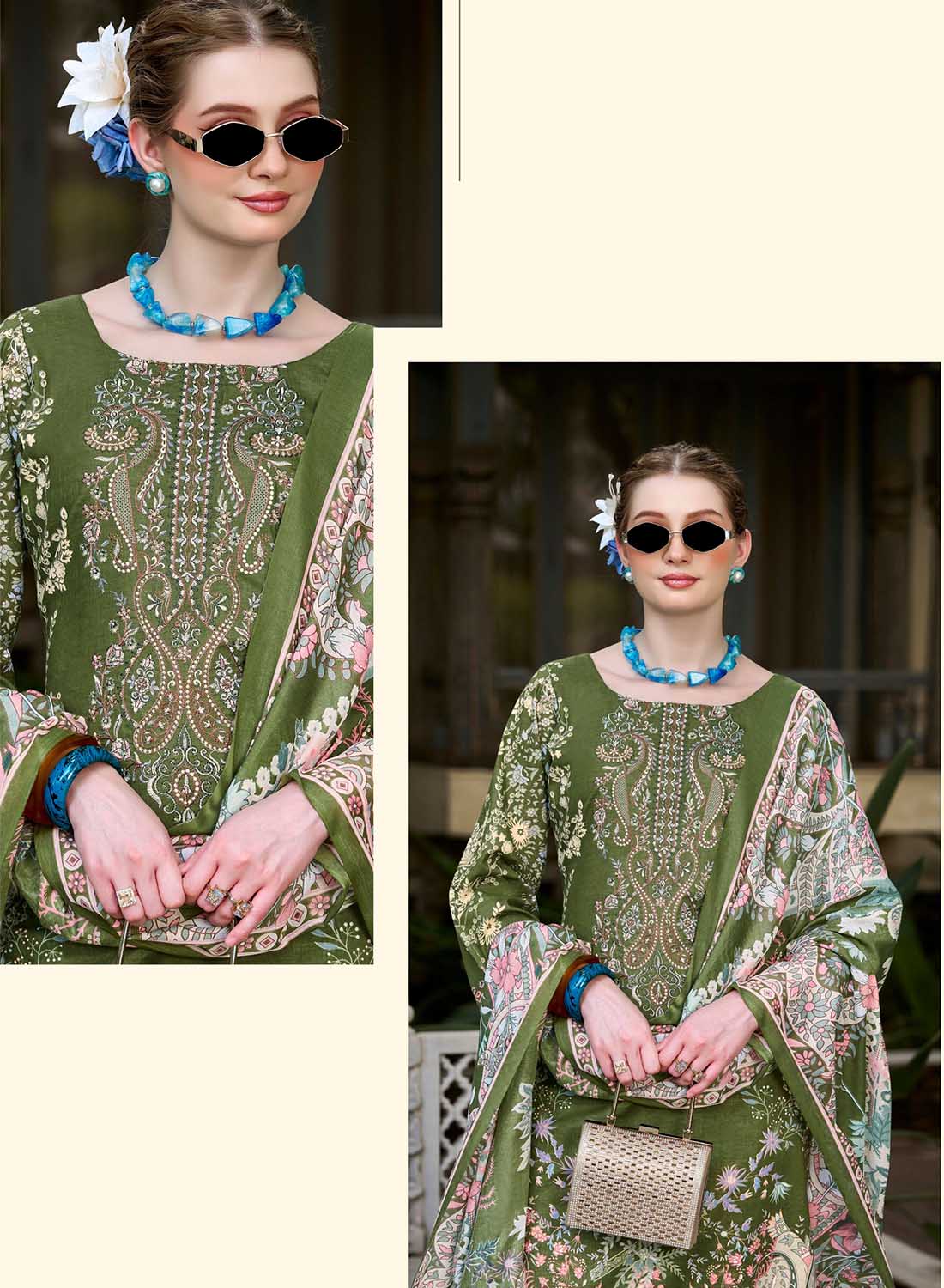 Pakistani Pure Cotton Unstitched Suit Material with Embroidery Green