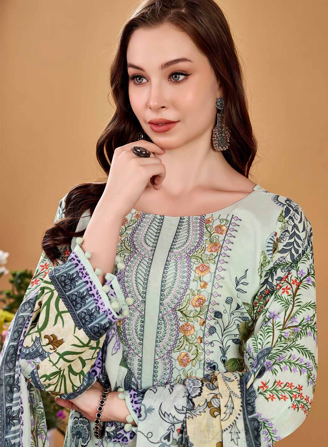 Pakistani Print Pure Cotton Unstitched Suit Set Material with Embroidery