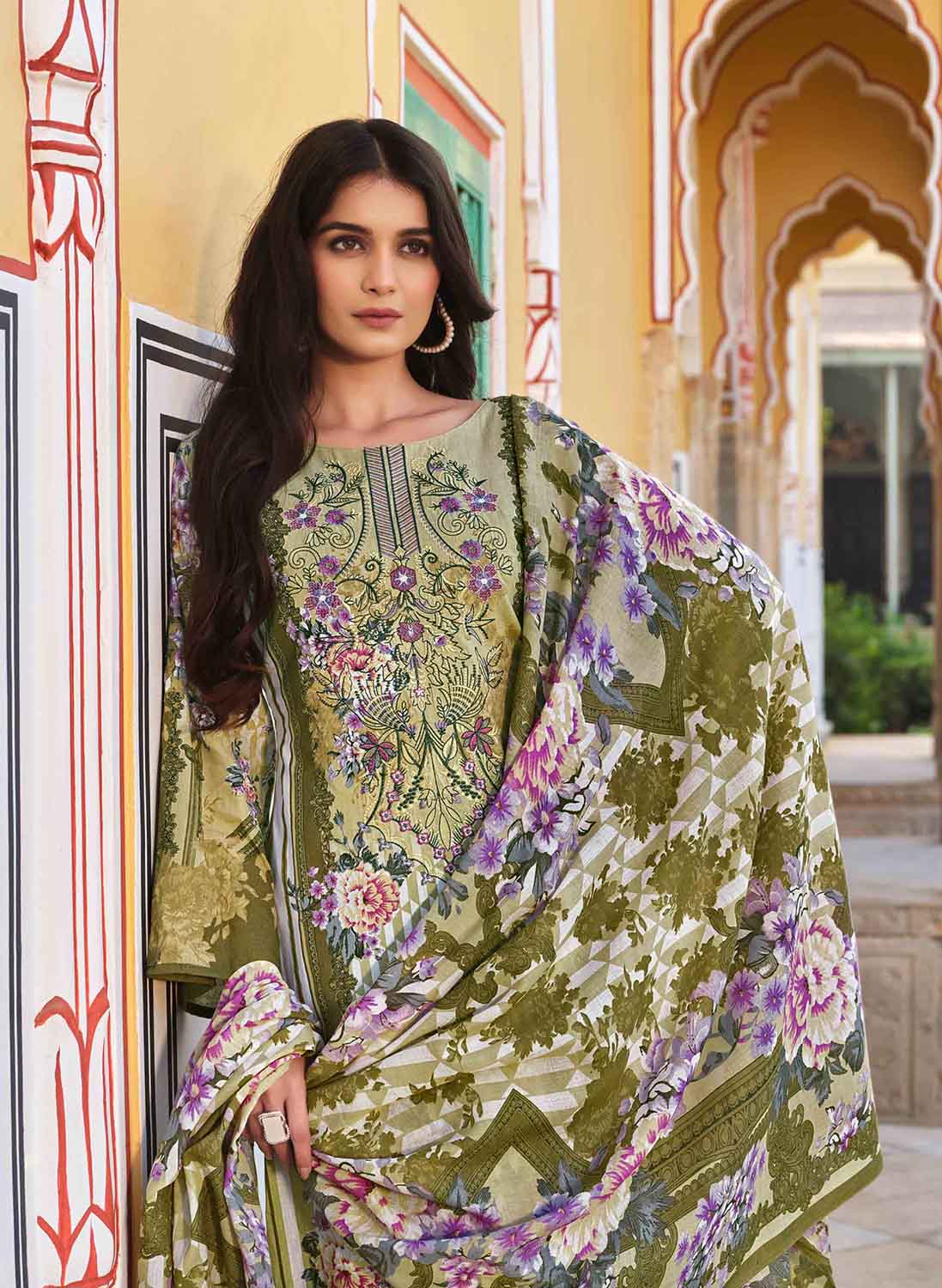 Belliza Pakistani Print Green Unstitched Women Cotton Suit Material Belliza