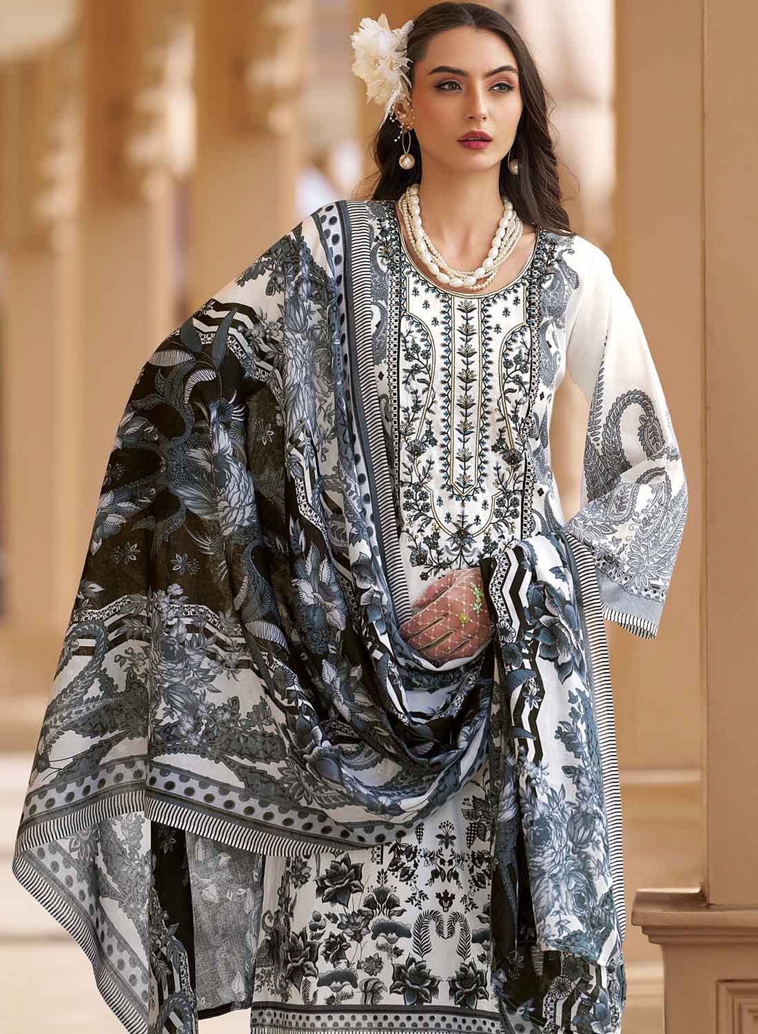 Pakistani Print White Unstitched Pure Cotton Salwar Suit Material with Embroidery