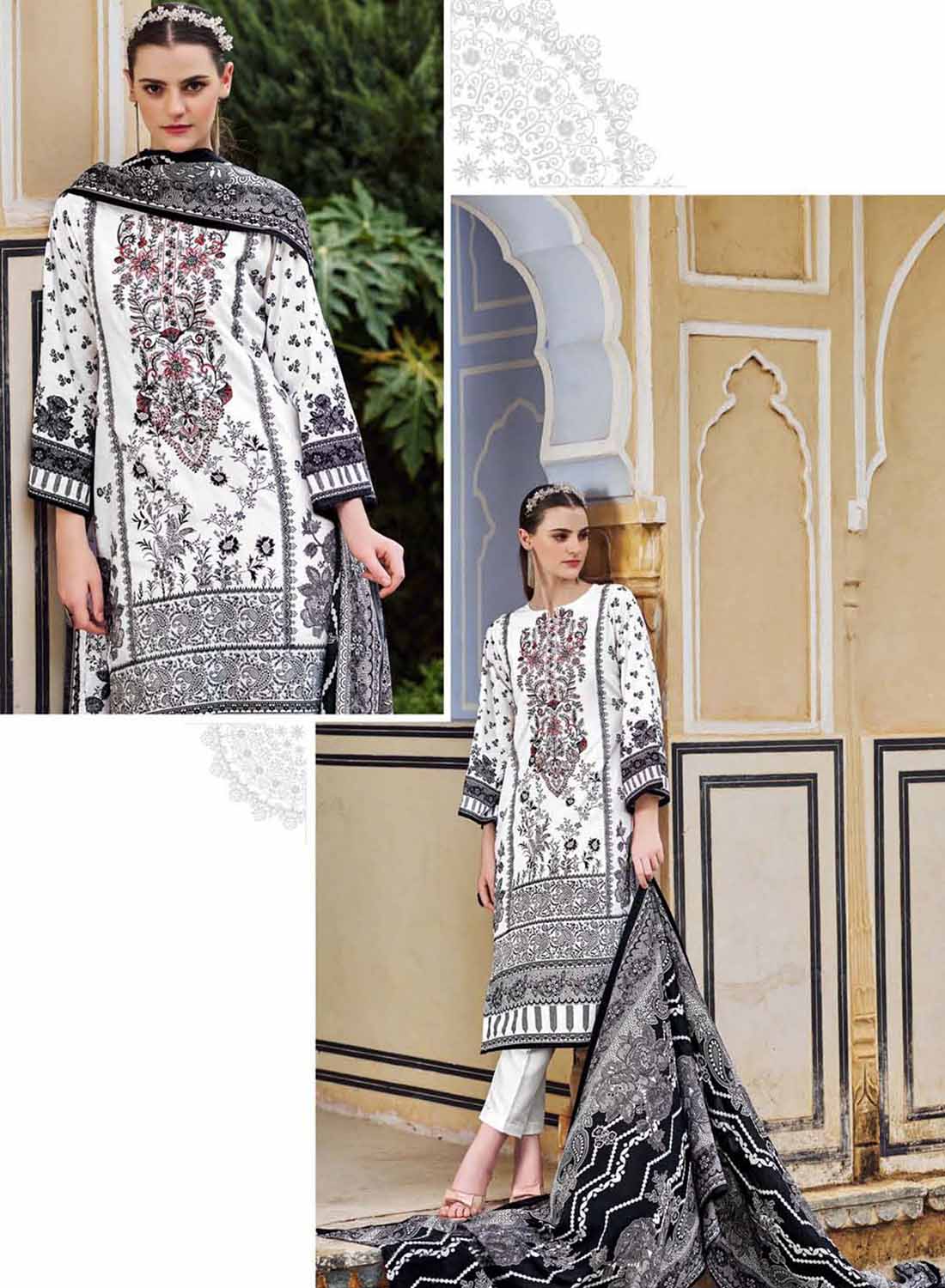 White Pakistani Print Unstitched Cotton Suit Dress Material with Embroidery