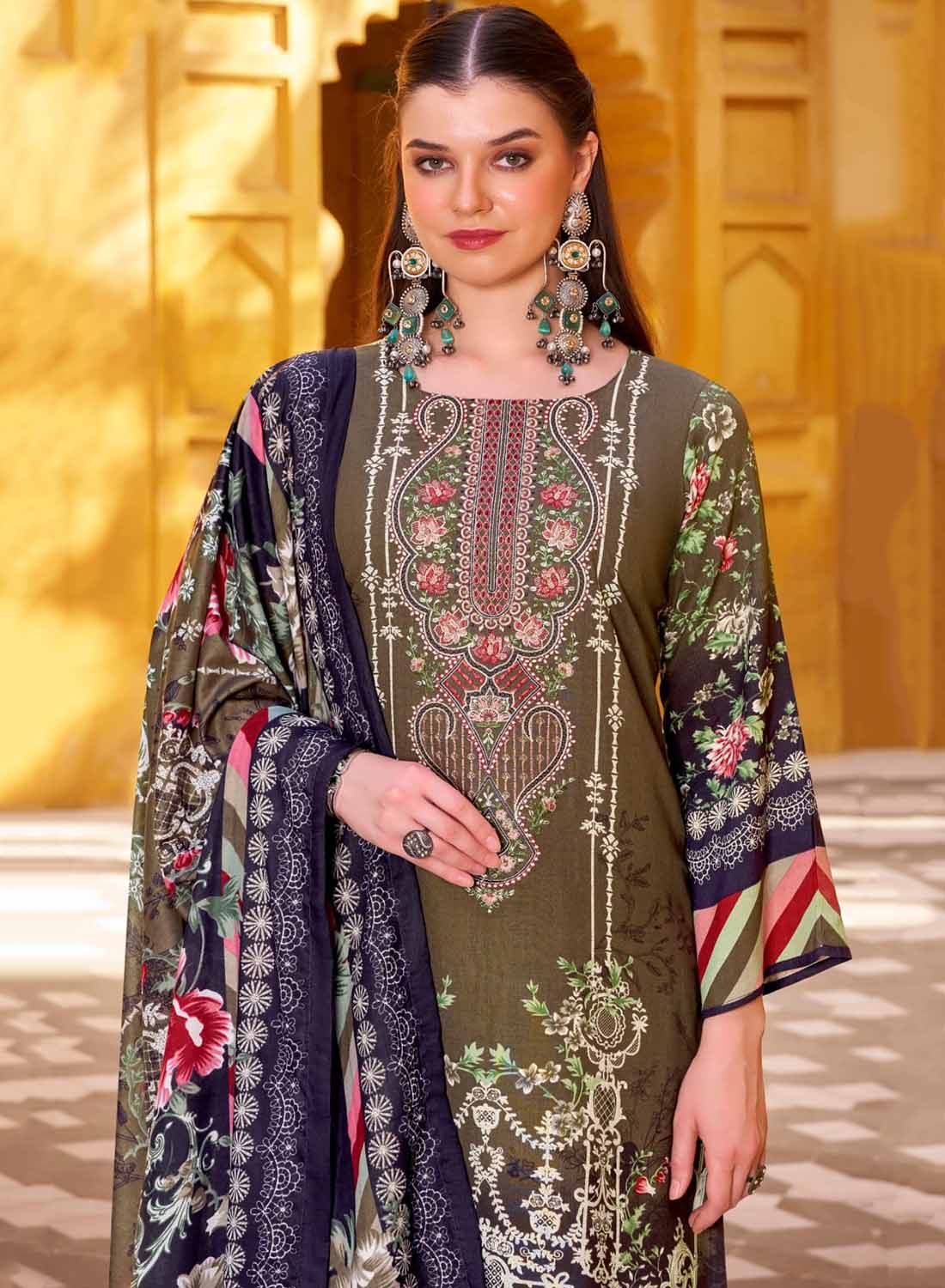 Brown Pure Cotton Pakistani Print Unstitched Salwar Suit Material with Dupatta