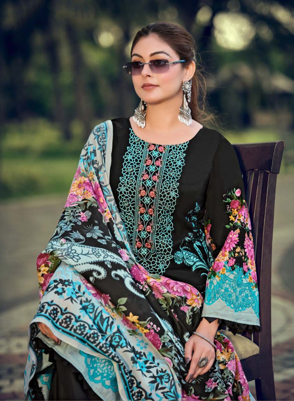 Pure Cotton Black Pakistani Print Unstitched Suit Material with Embroidery