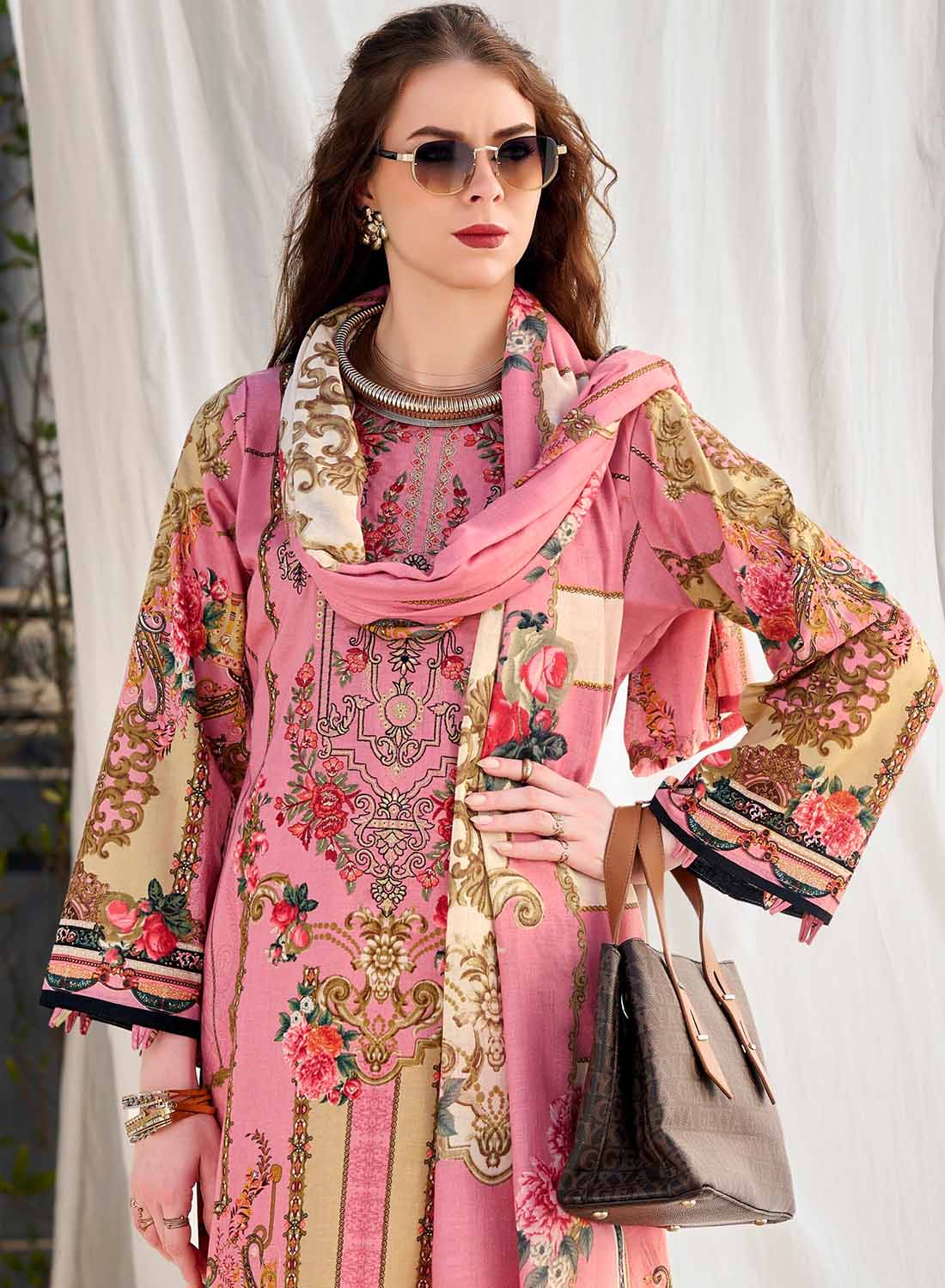 Pakistani Print Pure Cotton Pink Unstitched Suit Material with Embroidery
