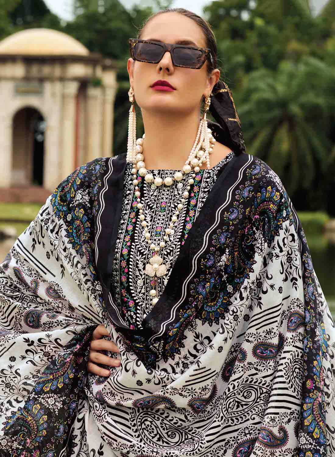 Women's Black Pakistani Print Unstitched Pure Cotton Salwar Suit Material