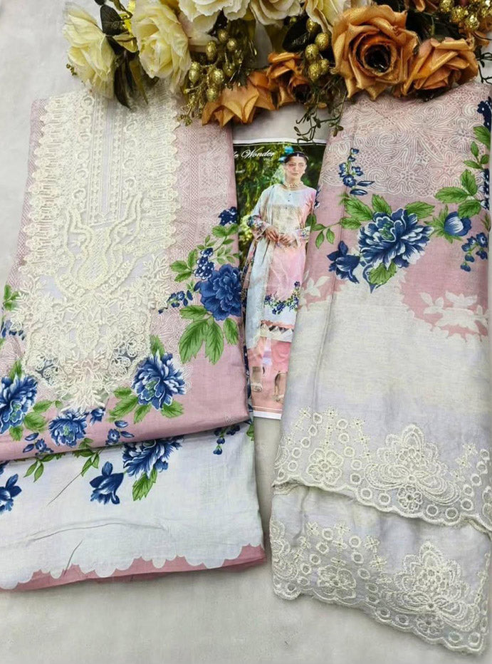 Cotton Pakistani Suit Pink Unstitched Material with Embroidery Patch