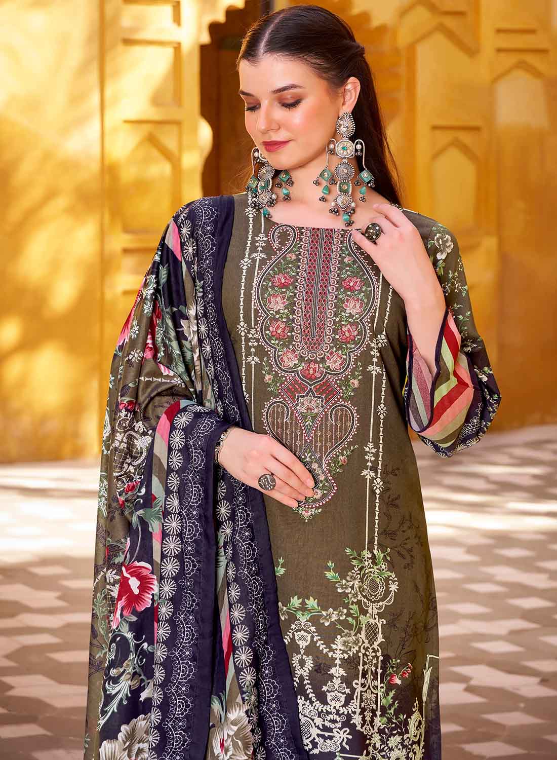 Brown Pure Cotton Pakistani Print Unstitched Salwar Suit Material with Dupatta