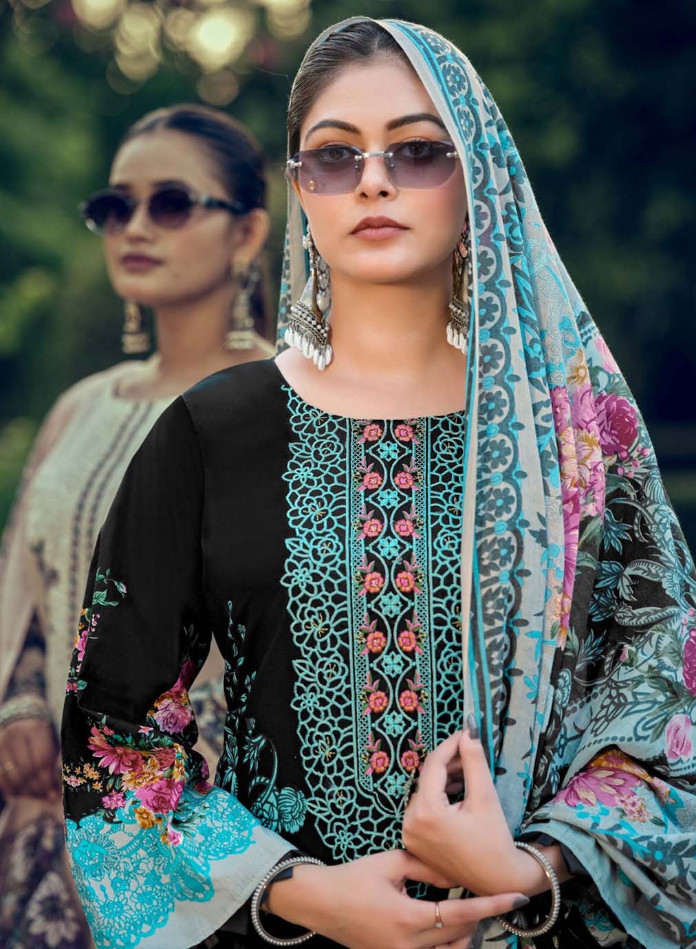 Pure Cotton Black Pakistani Print Unstitched Suit Material with Embroidery