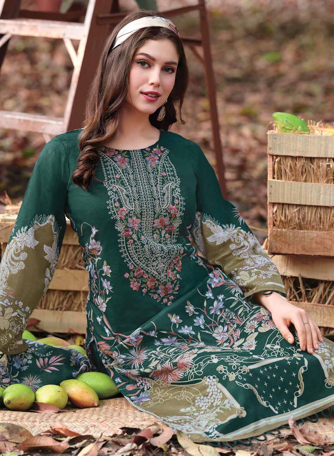 Pakistani Print Unstitched Pure Cotton Salwar Suit Material with Embroidery