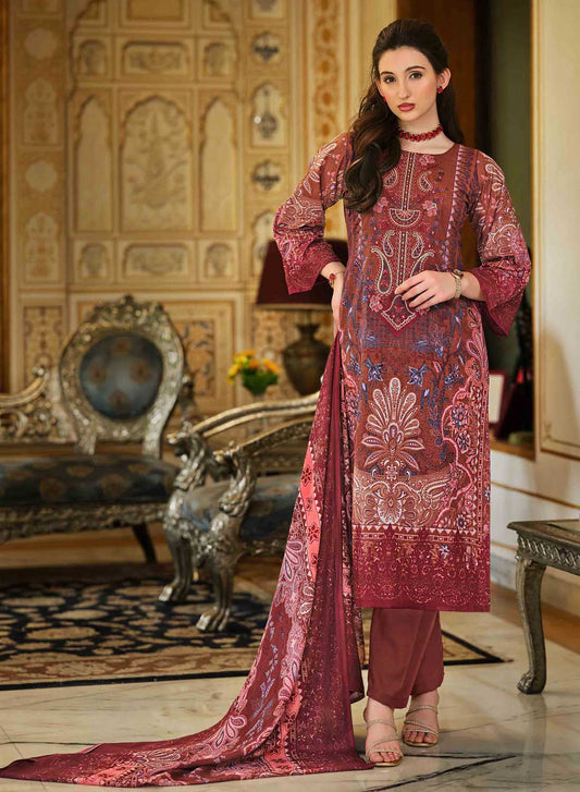 Women's Pakistani Print Unstitched Pure Cotton Suit with Embroidery