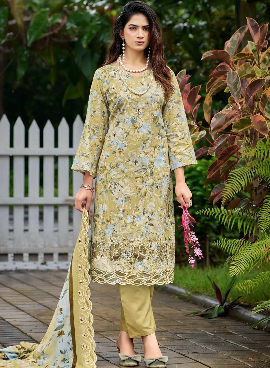 Pakistani Cotton Suit Dress Material for Women Unstitched with Embroidery Green