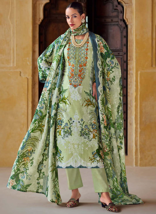 Green Pakistani Print Unstitched Cotton Suit Material with Embroidery