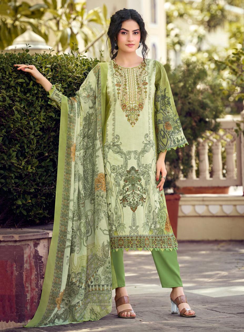 Green Pure Cotton Pakistani Print Unstitched Suit Material with Embroidery