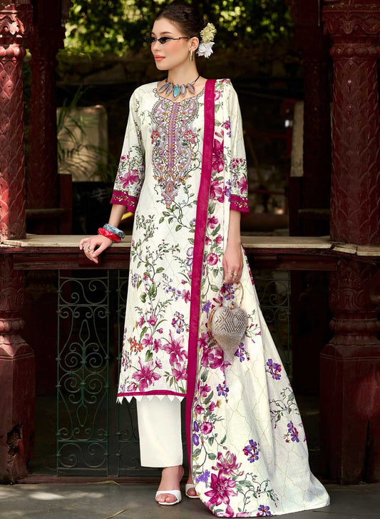 Pakistani Pure Cotton Unstitched Suit Material with Embroidery White