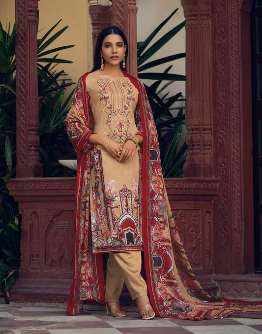 Belliza Pakistani Print Unstitched Cotton Suits with Dupatta Brown Belliza