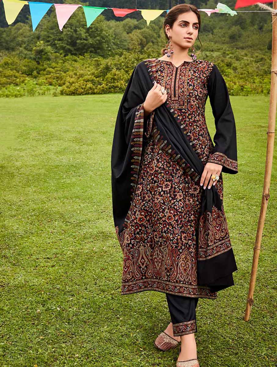 Women's Pashmina Printed Jacquard Black Winter Suit Dress Material Belliza