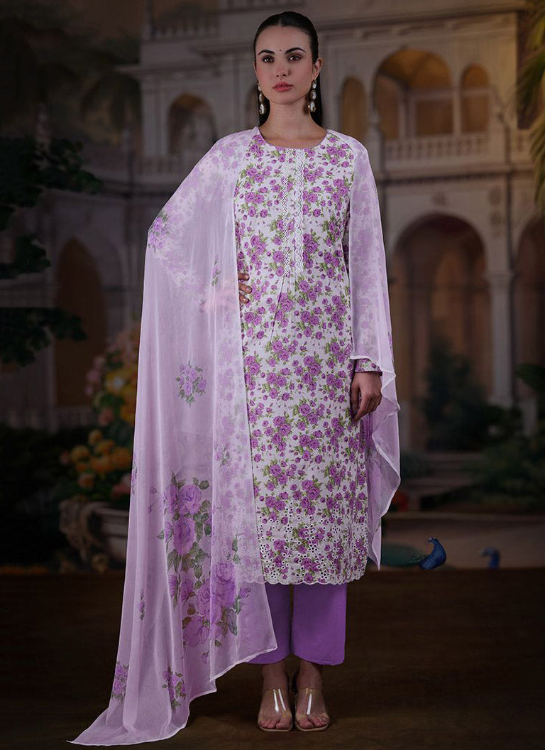 Light Purple Pure Cotton Unstitched Suit Set with Chiffon Dupatta