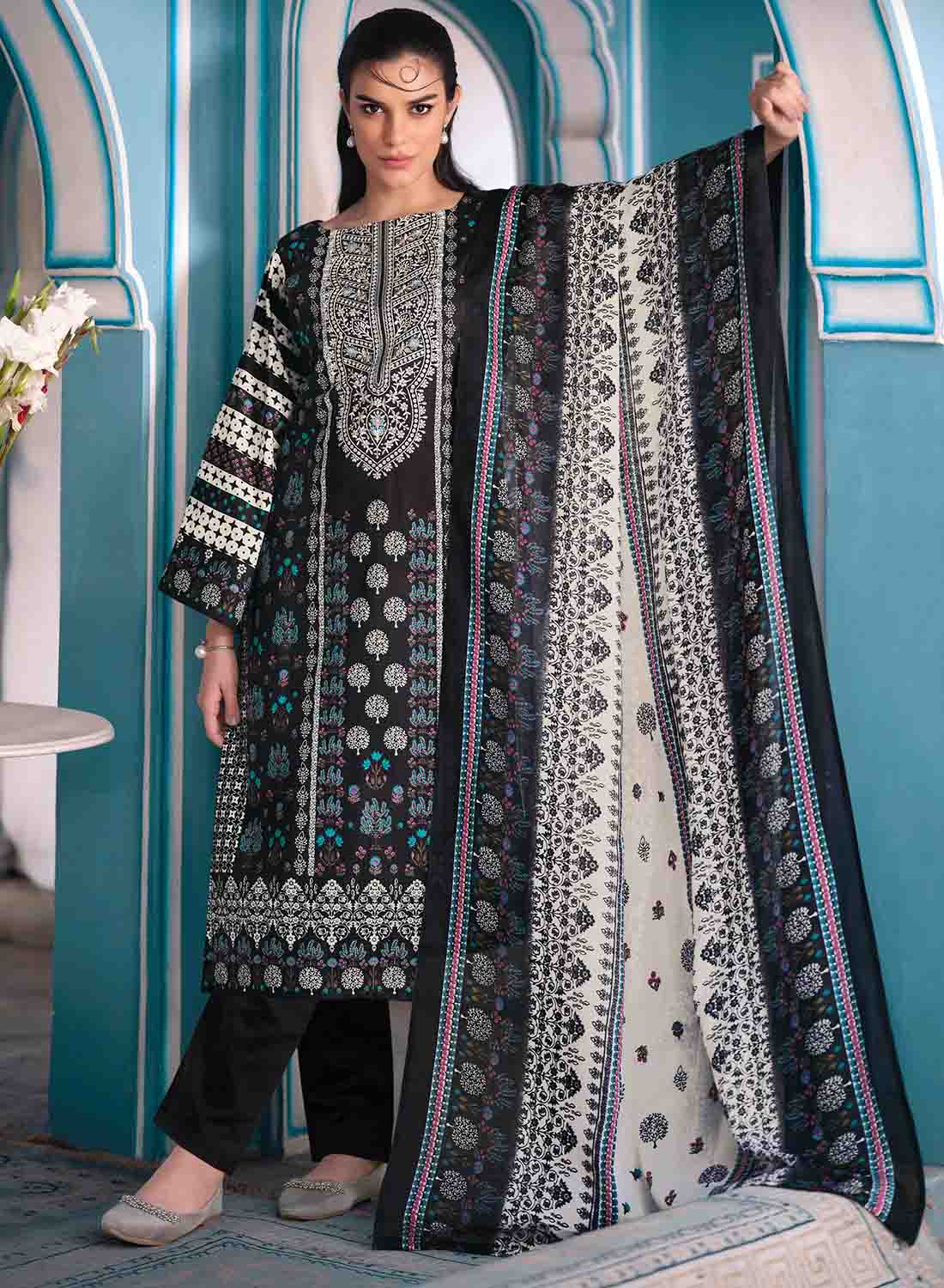 Women's Black Pakistani Print Unstitched Cotton Salwar Suit Material