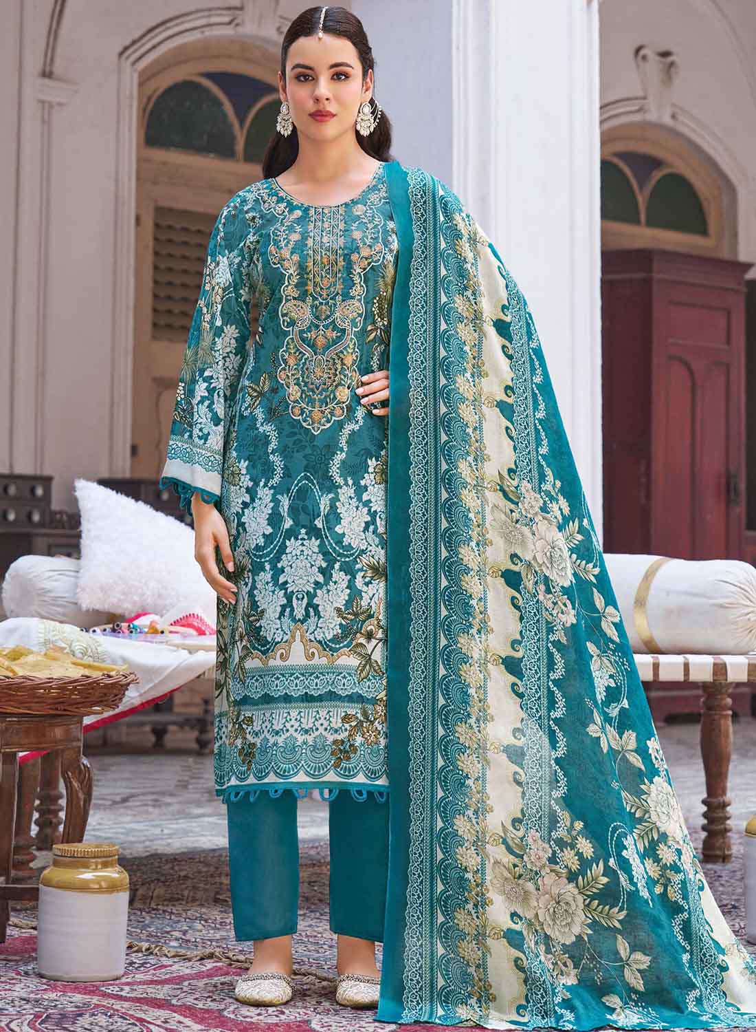 Pakistani Print Unstitched Pure Cotton Suit Fabric with Embroidery
