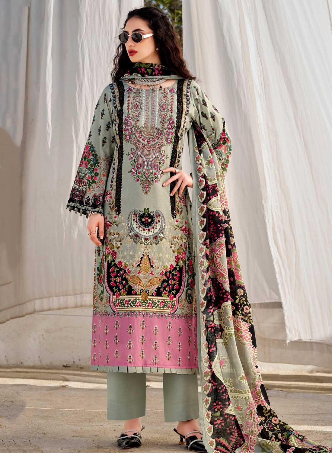 Pakistani Print Pure Cotton Grey Unstitched Suit Material with Embroidery